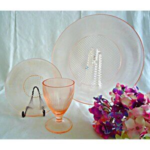 Pink Homespun Depression Glass Dinner Plate Side Plate Footed Juice Tumbler